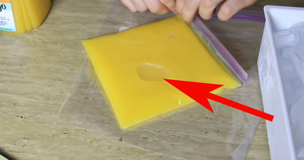 He filled a plastic bag with orange juice. minutes later.. i have to try this!